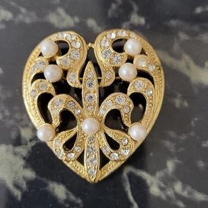 Heart Fleur De Lis Pin Faux Pearls Rhinestones